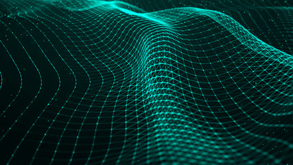 Wave with many dots. Network of particles connected by lines. Abstract digital background. Grid illustration. 3d rendering.