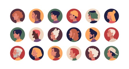 Collection of round profile portraits of young and elderly stylish men and women with various hairstyles. Bundle of funny people's heads or faces. Set of avatars. Flat cartoon vector illustration.