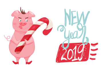 New Year greeting card with funny pig. Cute pig with Christmas sweets and hand drawn lettering. Symbol of 2019 on the Chinese calendar. Vector illustration.