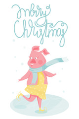 New Year greeting card with funny pig. Cute pig skate on the rink. Vector illustration.