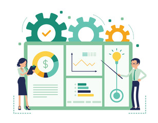 Presentation for business. Businessman and businesswoman giving corporate or marketing information, demonstrating, showing company results, plan. Vector abstract illustration with faceless character