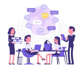 Meeting for business people. Male, female office managers together at table discuss cooperate project, colleagues at teamwork exchange new ideas. Vector abstract illustration with faceless character