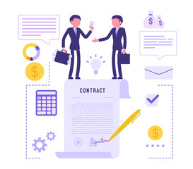 Businessmen making contract agreement. Male managers signing legal document for corporate partnership, making business deal to start new project. Vector abstract illustration with faceless character