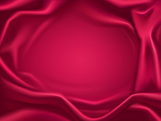 Romantic background of luxury, red satin, wavy crimson, silk fabric, delicate textile with folds and creases 3d realistic vector illustration with copy space. Elegant frame of luxurious, glossy tissue