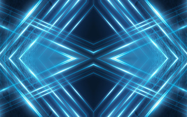 Dark abstract futuristic background. Neon lines glow. Neon lines, shapes. Blue glow
