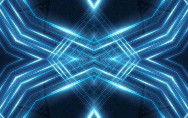 Dark abstract futuristic background. Neon lines glow. Neon lines, shapes. Blue glow