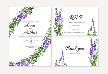 Set of Lavender Wedding invitations set. Doodle illustrations.
