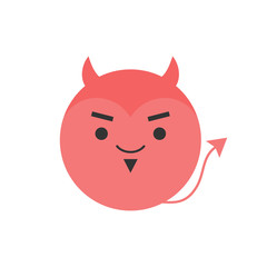 Cute devil round graphic vector icon. Red devil, demon with horns and tail. Fairytale creature, hell character head, face illustration. Isolated.