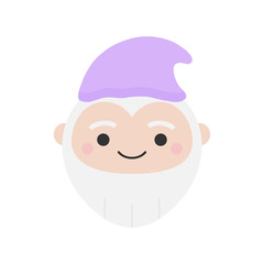 Cute dwarf round graphic vector icon. Gnome with grey beard and violet hat. Fairytale creature, magical character head, face illustration. Isolated.