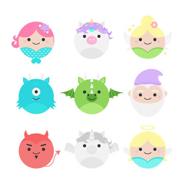 Cute vector icon set of fairytale characters, mythical creatures. Round illustrations; mermaid, unicorn, fairy, cyclops monster, dragon, dwarf, devil, pegasus and angel. Isolated.