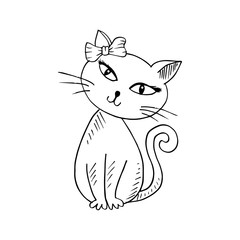 Cute cat with ribbon bow head . Vector hand drawing