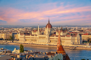 Fototapeta na wymiar Aerial view of Budapest parliament andt the Danube river at sunset, Hungary