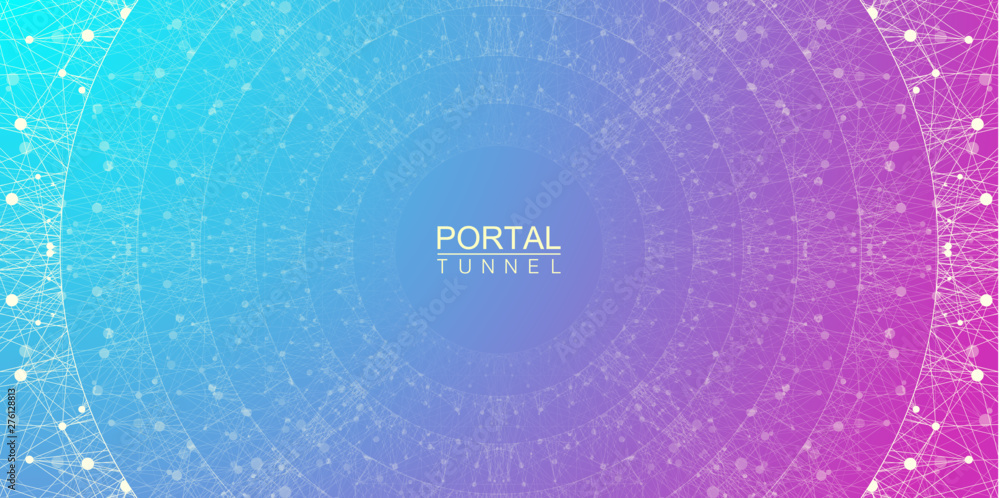 Poster Geometric abstract background tunnel or wormhole with connected line and dots. Futuristic wormhole 3d space time portal visualization. Wireframe tunnel grid texture background. Vector illustration
