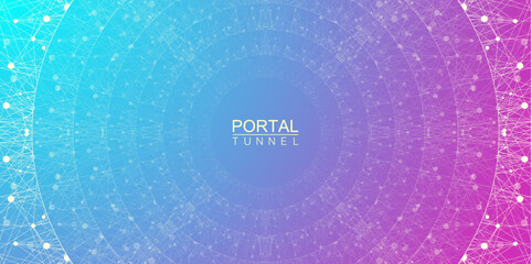 Geometric abstract background tunnel or wormhole with connected line and dots. Futuristic wormhole 3d space time portal visualization. Wireframe tunnel grid texture background. Vector illustration - obrazy, fototapety, plakaty