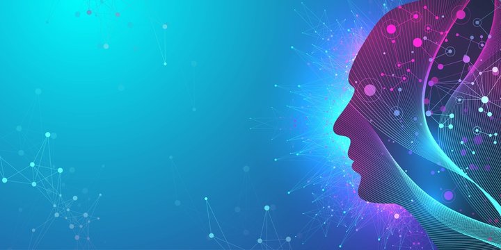 Artificial intelligence in humanoid head with neural network thinks. Artificial Intelligence and Machine Learning Concept. Humanoid brain. Neural networks, modern technologies concepts, vector.