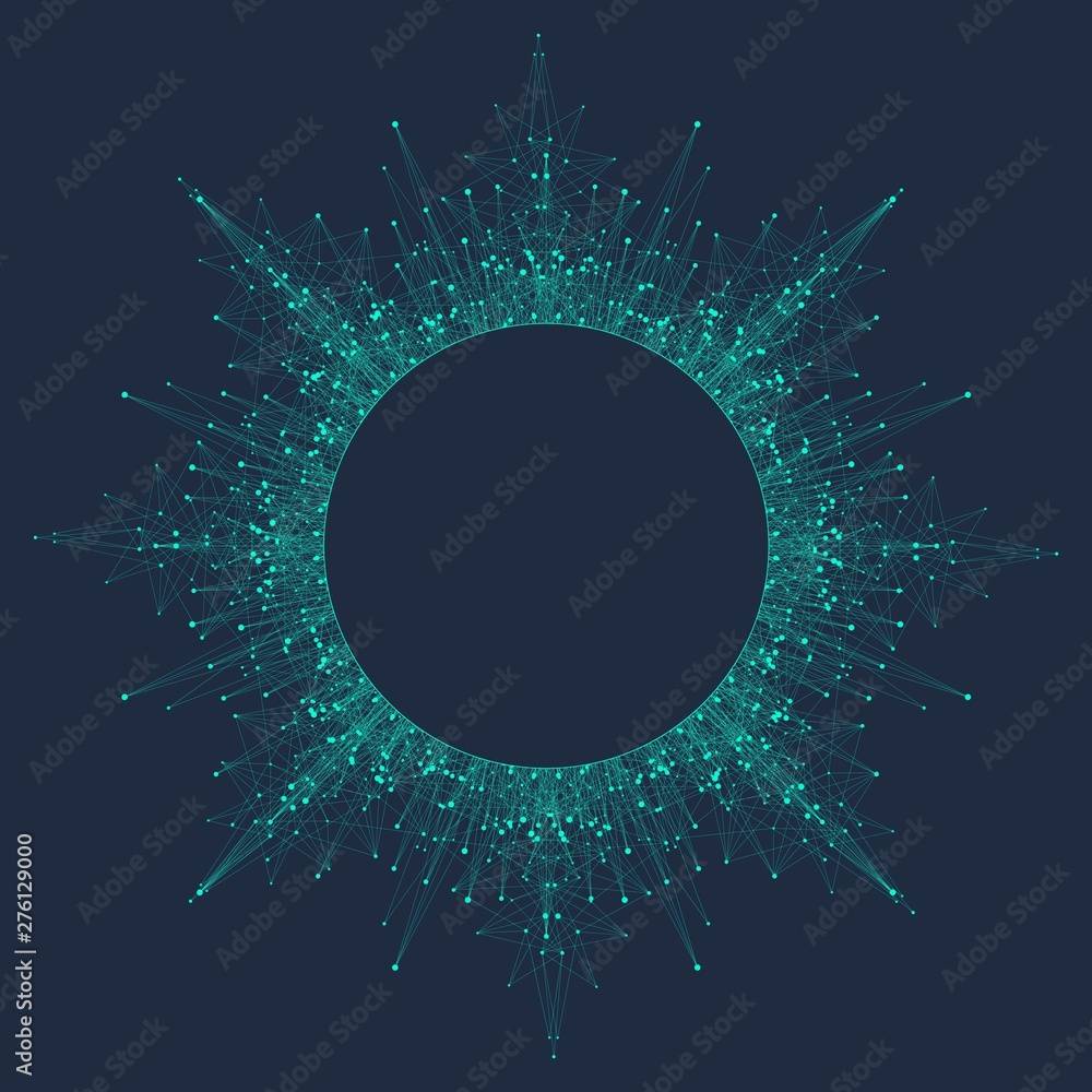 Poster Expansion of life. Colorful explosion background with connected line and dots, wave flow. Visualization Quantum technology. Abstract graphic background explosion, motion burst, vector illustration.