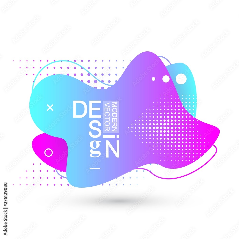 Poster Modern graphic design elements in shape of fluid blobs with geometric lines. Gradient blue and green, red and violet geometrical shapes. Liquid stain with dynamic color for flyer, presentation.