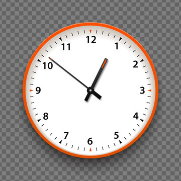 Orange and white wall office clock icon with numbers. Design template vector closeup. Mock-up for branding and advertise isolated on transparent background. Realistic round clock-face dial.