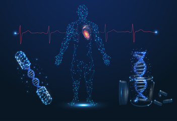 An abstract image of man and heart. Innovative technologies in medicine. Heart beats, pulse, healthy heart. DNA