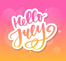 Obraz premium Hello july lettering print. Summer minimalistic illustration. Isolated calligraphy on white background.