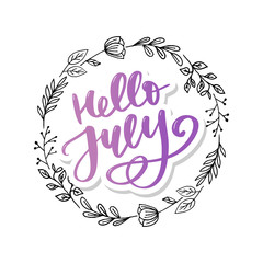 Hello july lettering print. Summer minimalistic illustration. Isolated calligraphy on white background.