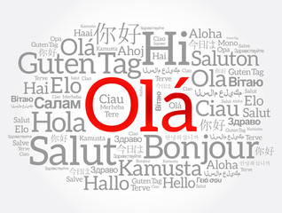 OLA (Hello Greeting in Portuguese) word cloud in different languages of the world