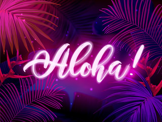 Dark blue and violet tropical party design with palm leaves and neon letters. Summer night vector illustration. © Ms.Moloko