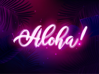Dark blue and violet tropical party design with palm leaves and neon letters. Summer night vector illustration. © Ms.Moloko