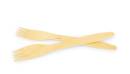Disposable wooden fork on a white background