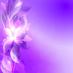 Purple light flowing composition with abstract silhouettes of leaves and flowers