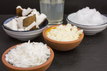 variety of coconut products: milk, puree, pieces, oil, flakes and pieces of coconut