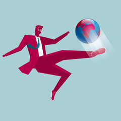 Businessman kicks the earth. Isolated on blue background.