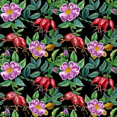 Floral seamless pattern with pink wild rose, rose hip, dog rose, green leaves and red berries, hand drawn watercolor pattern.