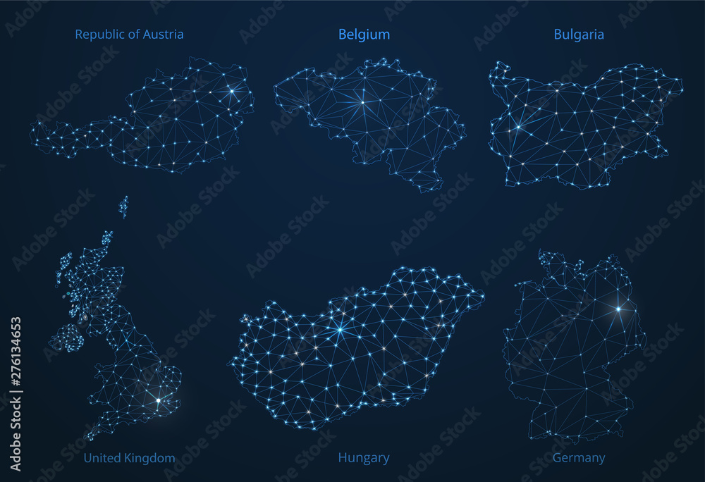 Poster map of communication networks of 6 countries of europa. vector poly image of a global map with light
