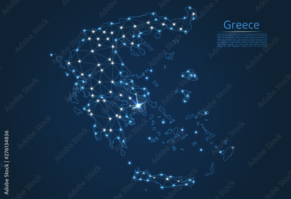 Poster map of greece connection. vector low-poly image of a global map with lights in the form of cities or