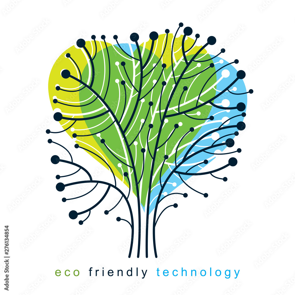 Poster art vector illustration of digital tree in shape of loving heart made using lines mesh as branches. 