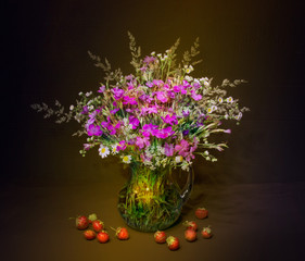 still life, flowers, a bouquet of flowers in a vase with objects