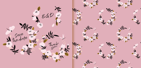 Pink flower wreath seamless pattern card templates