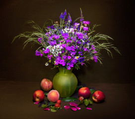 still life, flowers, a bouquet of flowers in a vase with objects