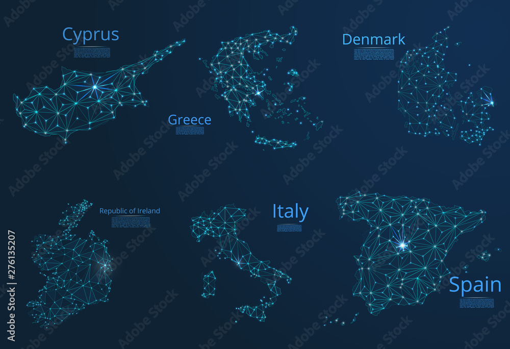 Aufkleber map of communication networks of 6 countries of europa. vector poly image of a global map with light