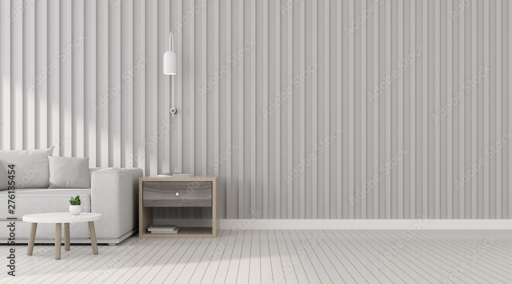 Aufkleber view of living room space with white sofa set and wood side table on white wall and bright laminate 