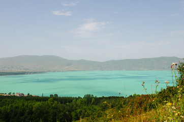 Obraz premium beautiful view to lake and mountains in Sevan city Armenia
