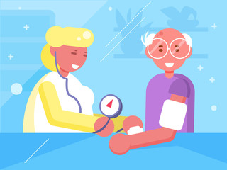 Measurement of blood pressure at the doctor Vector. Cartoon. Isolated art