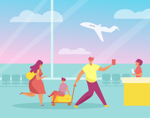 Family travels, suitcases, airport Vector. Cartoon. Isolated art
