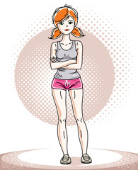 Young beautiful redhead athletic woman posing. Vector illustration of attractive female wearing pink shorts.  Active and healthy lifestyle theme cartoon.