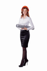 Portrait of a young woman architect with orange hard hat and drawings