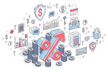 Percentage rate income profit concept, percent symbol with cash money stack isolated on white background. Isometric 3d vector finance illustration with icons, stats charts and design elements.