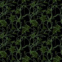 Seamless floral pattern. Pattern with green Silhouette graphics flowers on black background. Alstroemeria. Seamless pattern with hand drawn plants. Herbal Botanical illustration.