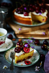 cream cheese frosting cherry cake. natural light