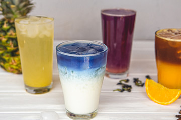 quench the summer thirst with the help of rich, colorful refreshing cocktails with fruits, vegetables, coffee, milk plant, which photographed on a white background